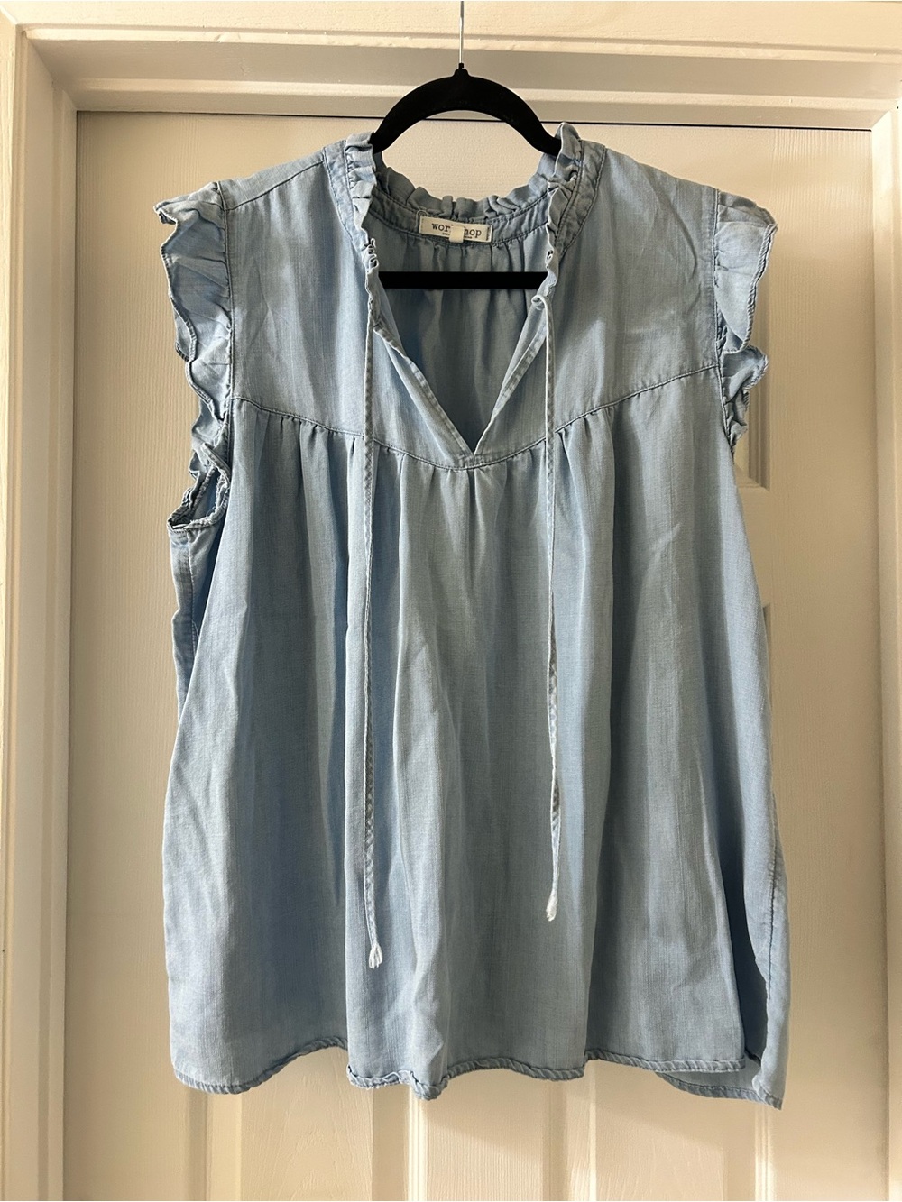 Workshop Republic Clothing Light Blue Ruffle Tie-Front Sleeveless Blouse